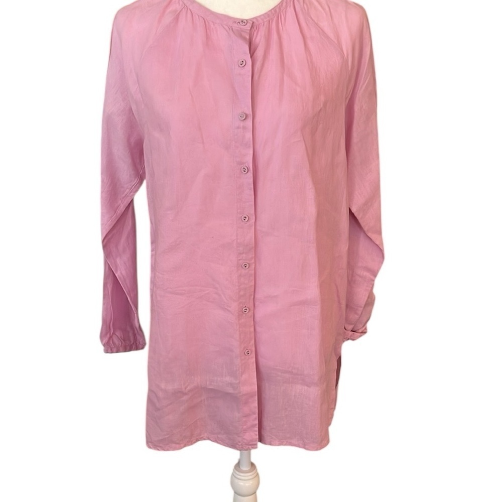 Eileen Fisher Linen Pink Mandarin Collar Long Sleeve Shirt Size Small